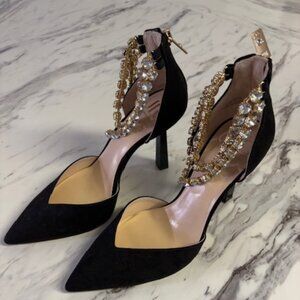 J.Lo CZ Jeweled Black Suede High Heels